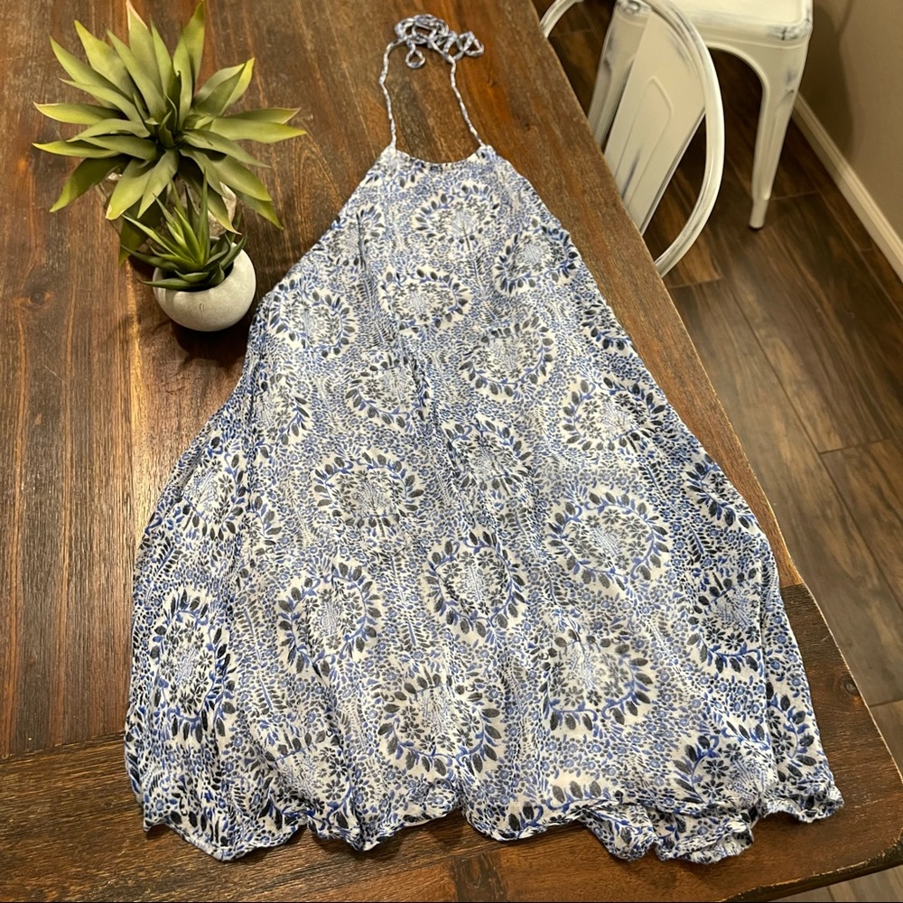 Show Me Your Mumu blue white floral halter mini dress tunic top low back Small